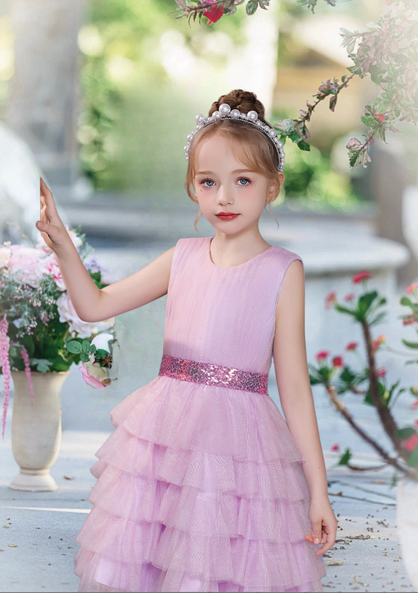 Scoop Neck Sleeveless Knee-Length Sequins/Tulle Girl's Cake Dresses With Pleated/Belt Girls Gidiondress