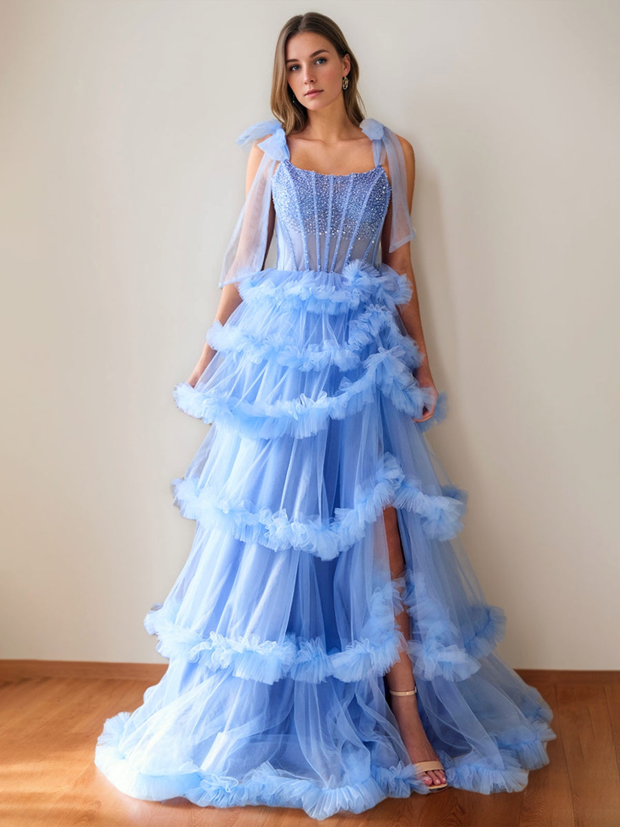 A-Line/Princess Scoop Neck Sleeveless Floor-Length Luxurious Prom Dresses with Crystal/Pleats BabaMila