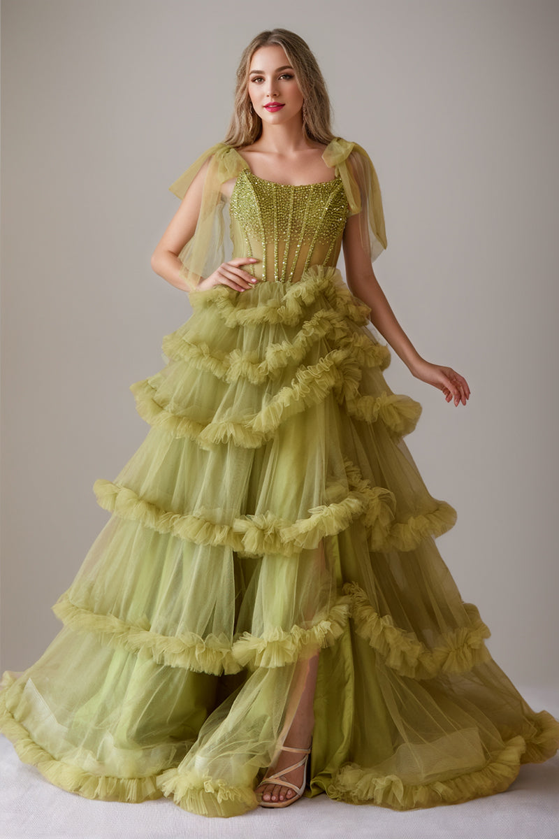A-Line/Princess Scoop Neck Sleeveless Floor-Length Luxurious Prom Dresses with Crystal/Pleats BabaMila