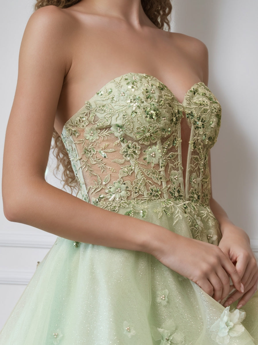 A-Line Strapless Sleeveless Luxurious Pleated Prom Dresses with Beadings/Ruffles/Appliques BabaMila