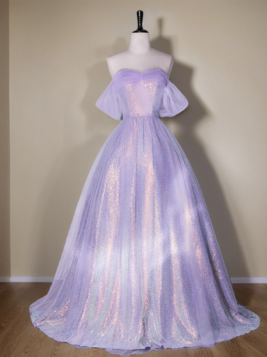 Shining A-Line/Princess Off-the-Shoulder Floor Length Elegant Prom Dresses with Ruffles BabaMila