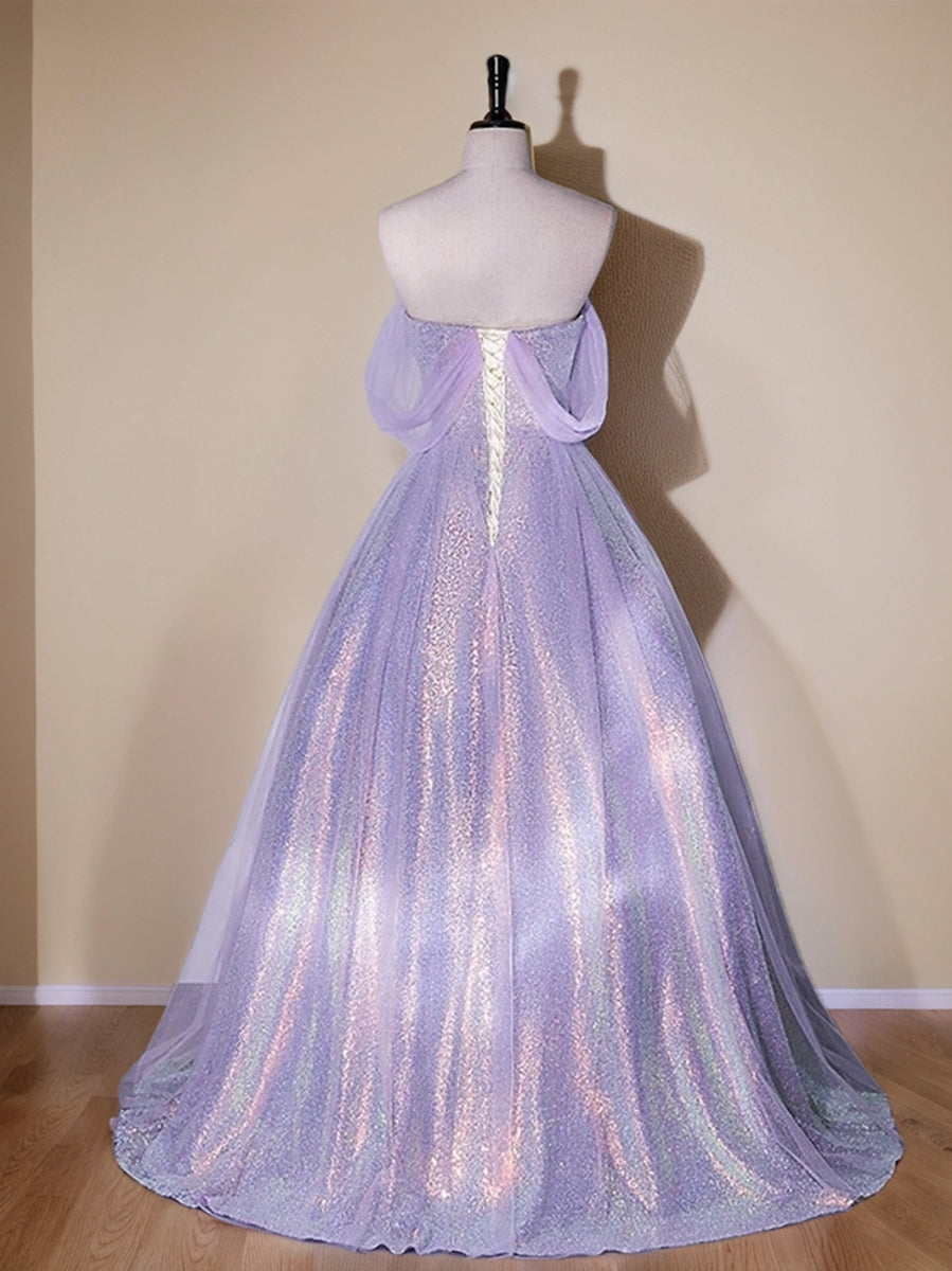 Shining A-Line/Princess Off-the-Shoulder Floor Length Elegant Prom Dresses with Ruffles BabaMila