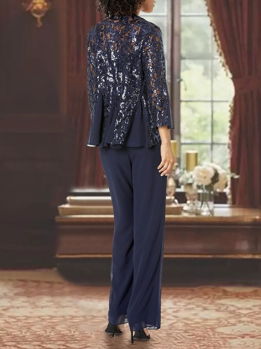3 Piece Chiffon Square Neck Ankle-Length Mother Of The Bride Pantsuits With Applique BabaMila