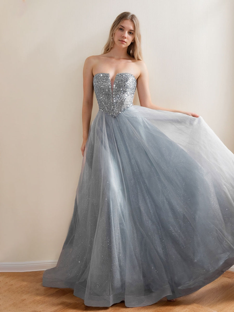 A-Line/Princess Strapless Sleeveless Floor Length Sparkling Prom Dresses with Sequins BabaMila