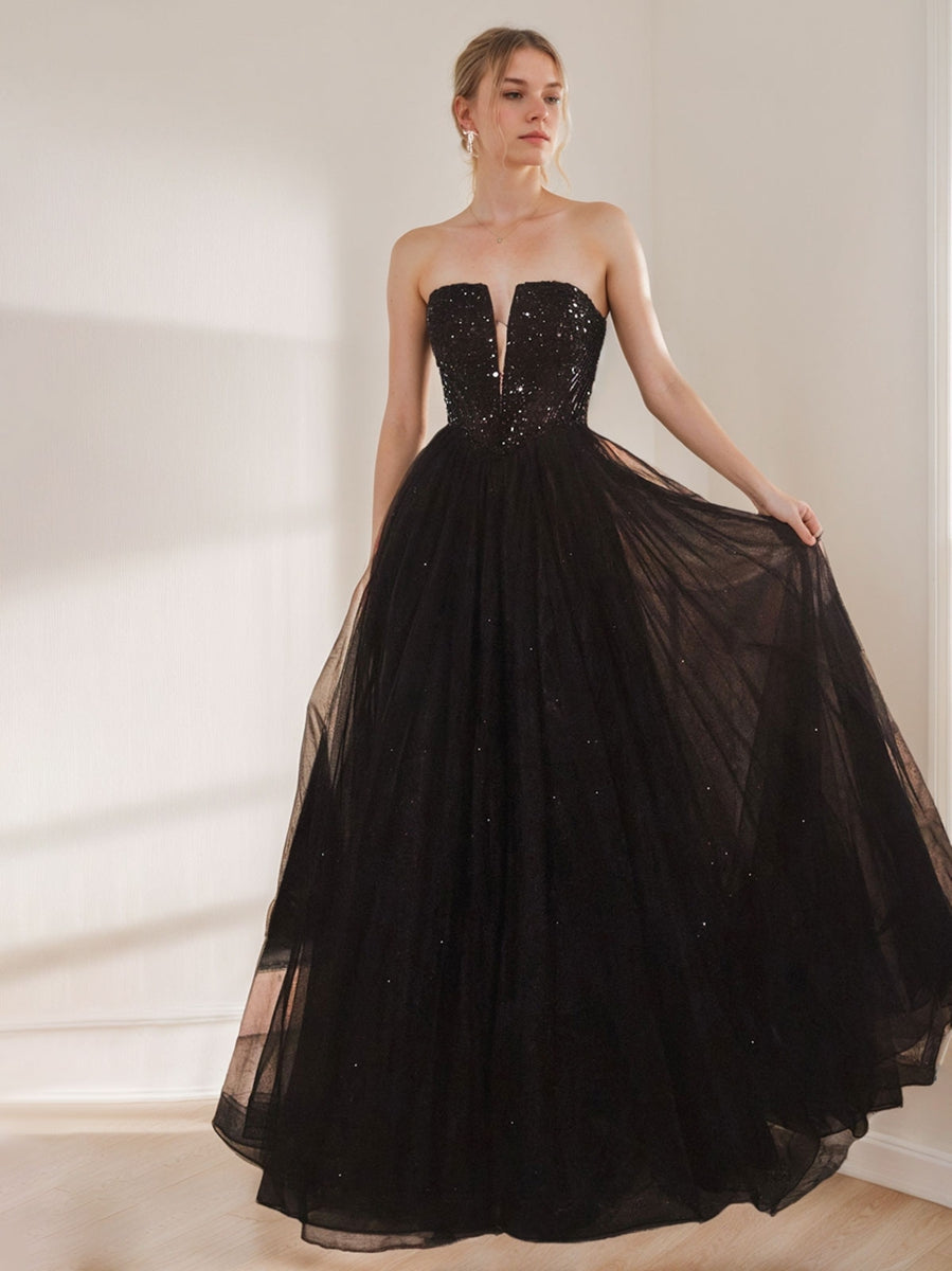 A-Line/Princess Strapless Sleeveless Floor Length Sparkling Prom Dresses with Sequins BabaMila