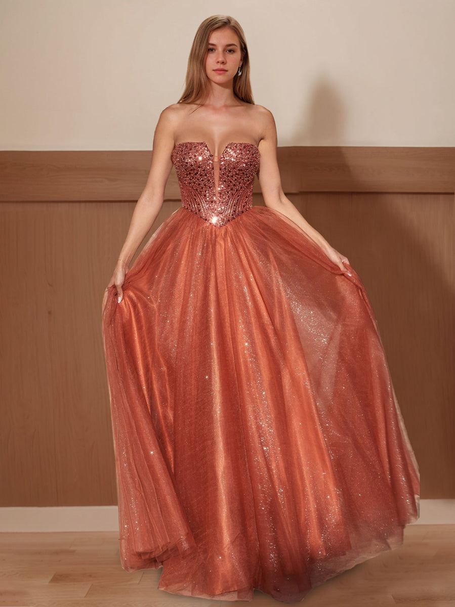 A-Line/Princess Strapless Sleeveless Floor Length Sparkling Prom Dresses with Sequins BabaMila