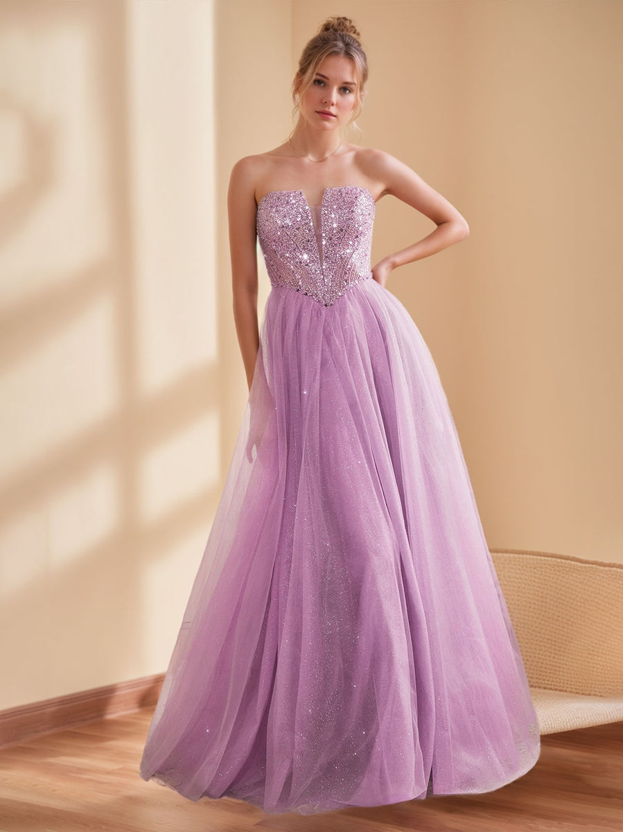 A-Line/Princess Strapless Sleeveless Floor Length Sparkling Prom Dresses with Sequins BabaMila