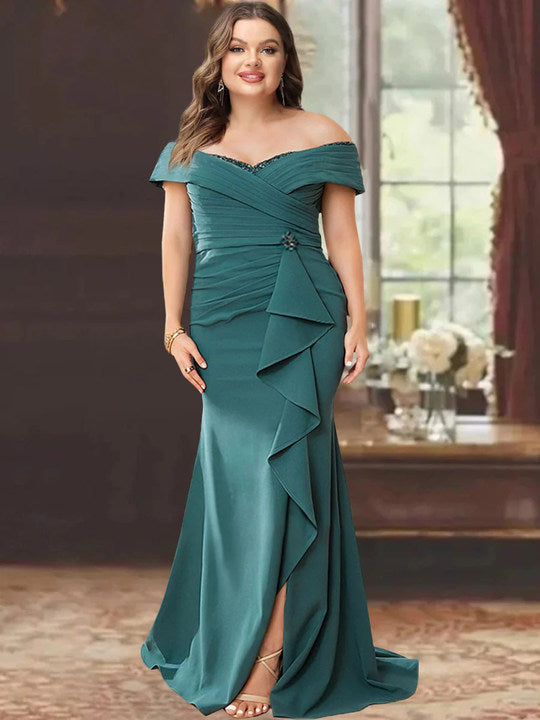 Sheath/Column Off-The-Shoulder Sleeveless Floor-Length Plus Size Mother Of The Bride Dresses With Ruffles BabaMila