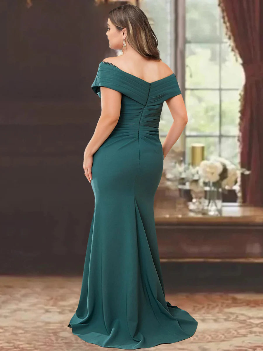 Sheath/Column Off-The-Shoulder Sleeveless Floor-Length Plus Size Mother Of The Bride Dresses With Ruffles BabaMila