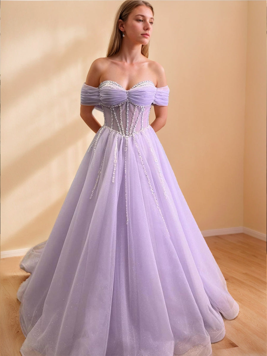 A-Line/Princess Off-the-Shoulder Sleeveless Long Exquisite Prom Dresses with Rhinestone/Ruffles BabaMila