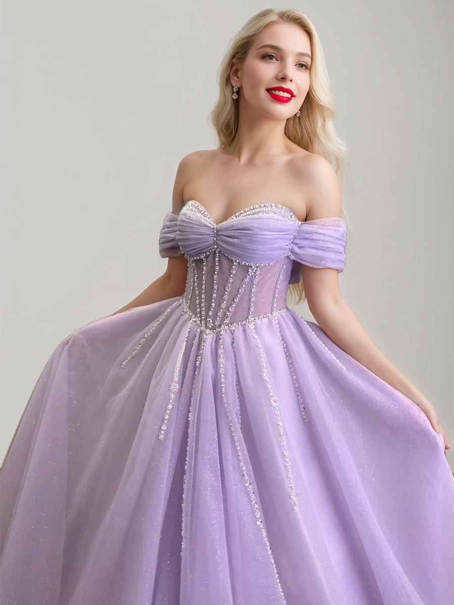 A-Line/Princess Off-the-Shoulder Sleeveless Long Exquisite Prom Dresses with Rhinestone/Ruffles BabaMila