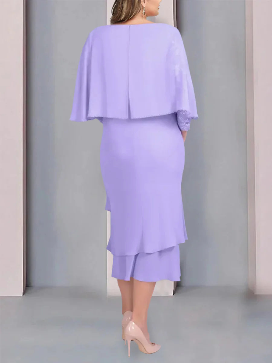 Sheath/Column Scoop Short Sleeves Tea-Length Plus Size Mother Of The Bride Dresses With Appliques & Lace BabaMila