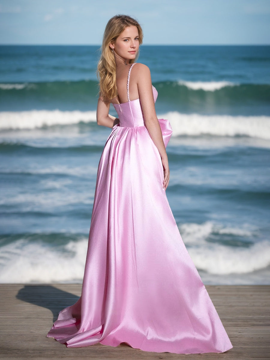 A-Line Spaghetti Straps Sleeveless Elegant Prom Dresses with Bow/High Split/Rhinestone BabaMila