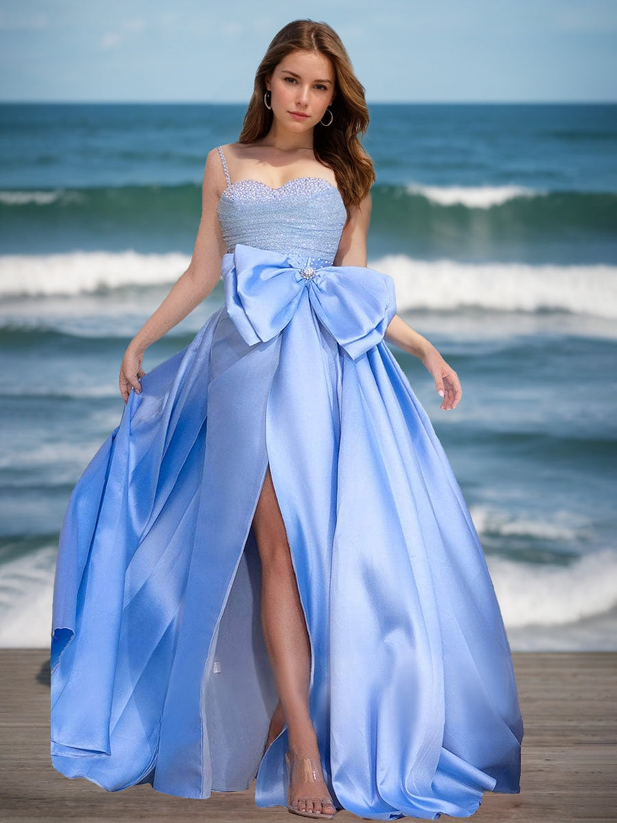 A-Line Spaghetti Straps Sleeveless Elegant Prom Dresses with Bow/High Split/Rhinestone BabaMila