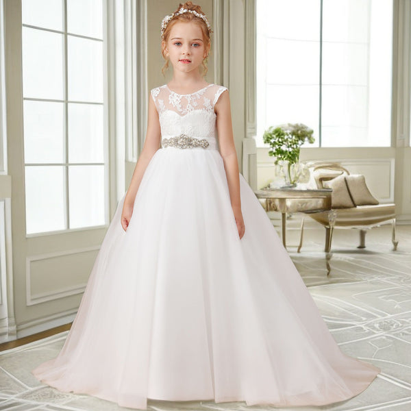 A-line Sleeveless Scoop Neck Floor-Length Ivory Court Train Lace/Satin/Tulle Flower Girl Dresses With Beads Belt Gidiondress