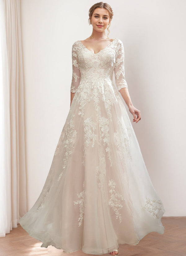 A Line/Princess V-Neck 3/4 Length Sleeves Floor-length Wedding Dress with Lace Embroidery BabaMila