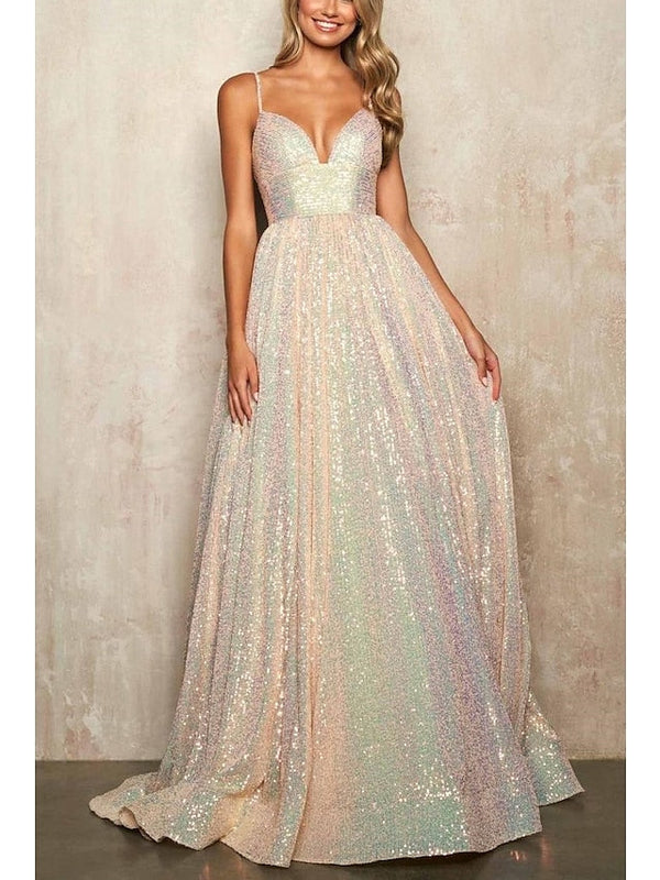 A-Line/Princess Sweetheart Neck Spaghetti Straps Sequined Lace Floor-Length Long Prom Dresses BabaMila