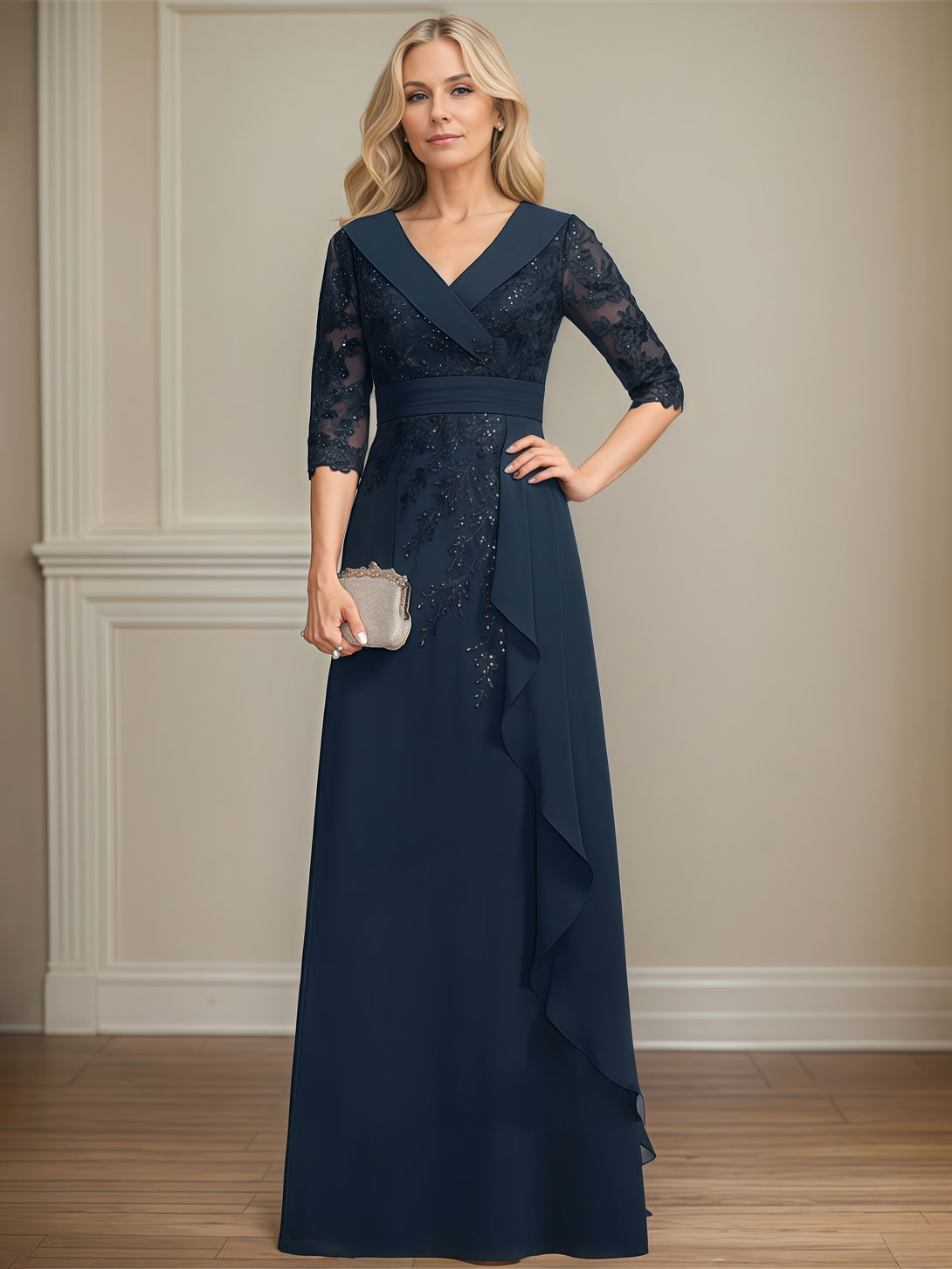 V-Neck A-Line Half Sleeve Floor-Length Chiffon/Lace Mother of the Bride Dress With Cascading Ruffles/Sequins/Appliques/Belt BabaMila