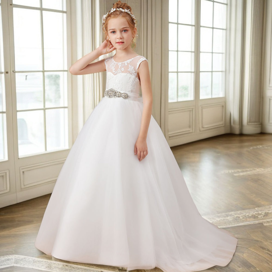 A-line Sleeveless Scoop Neck Floor-Length Ivory Court Train Lace/Satin/Tulle Flower Girl Dresses With Beads Belt Gidiondress