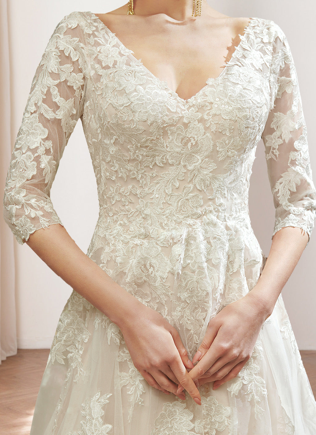 A Line/Princess V-Neck 3/4 Length Sleeves Floor-length Wedding Dress with Lace Embroidery BabaMila