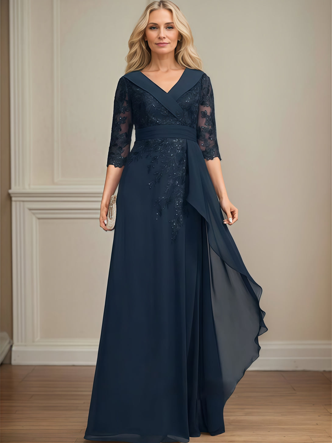 V-Neck A-Line Half Sleeve Floor-Length Chiffon/Lace Mother of the Bride Dress With Cascading Ruffles/Sequins/Appliques/Belt BabaMila