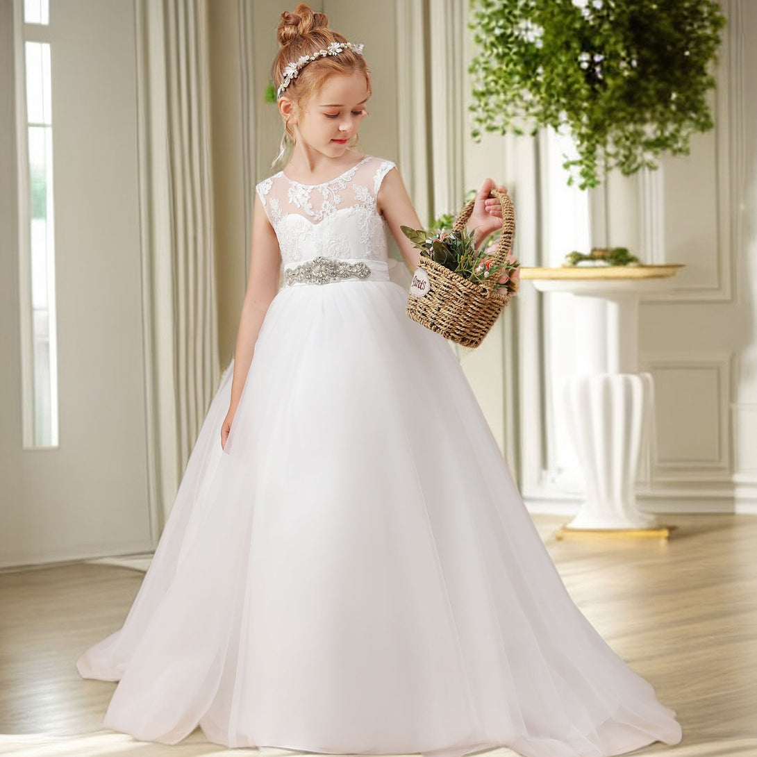 A-line Sleeveless Scoop Neck Floor-Length Ivory Court Train Lace/Satin/Tulle Flower Girl Dresses With Beads Belt Gidiondress