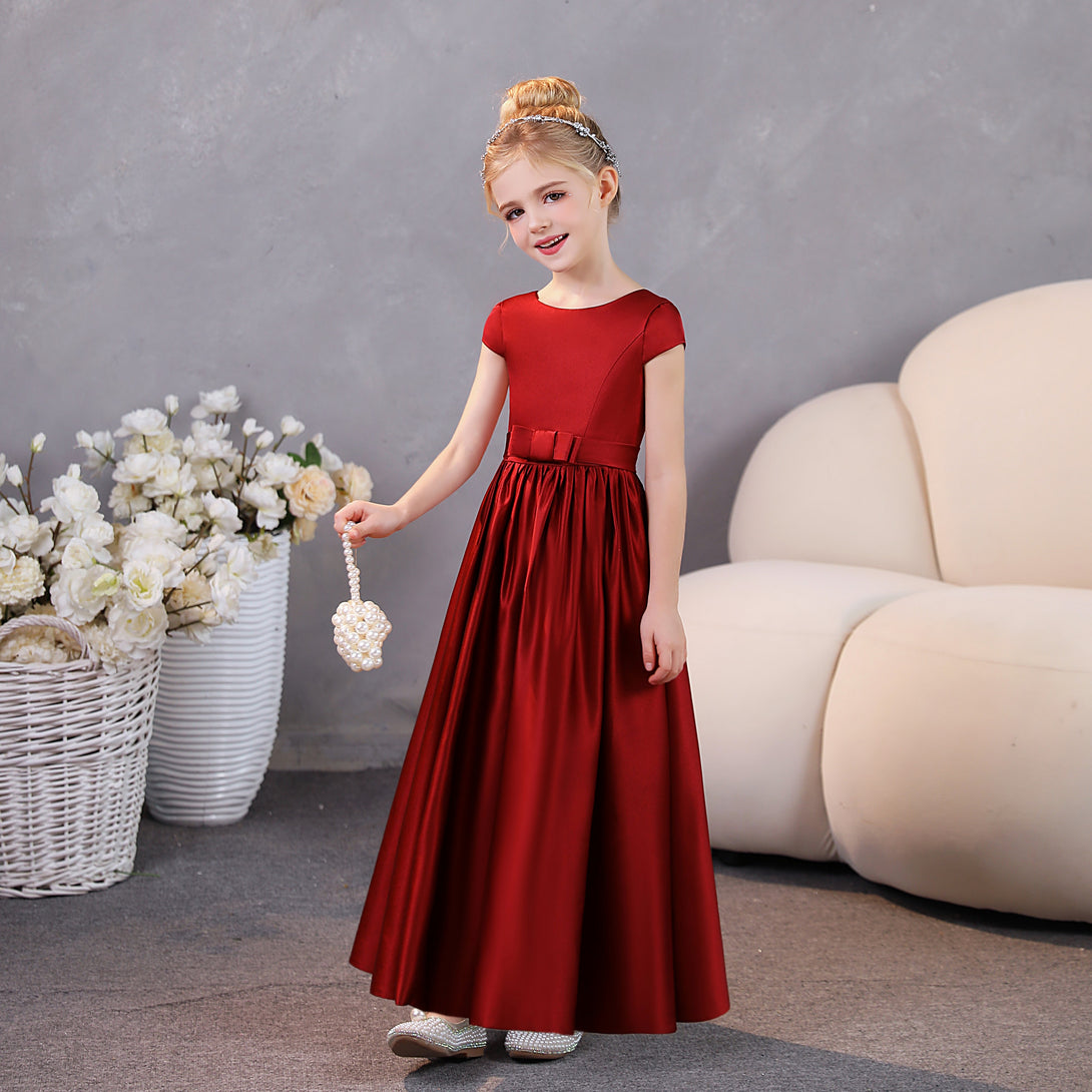 Girls Birthday Dresses Scoop Neck Short Sleeve Satin Floor-Length Party Dresses With Belt Gidiondress