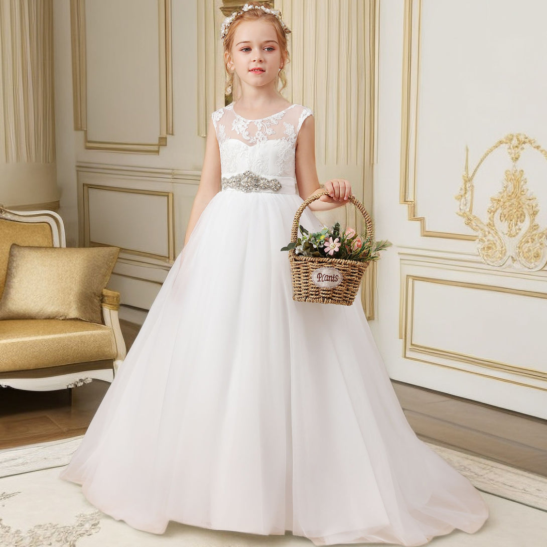 A-line Sleeveless Scoop Neck Floor-Length Ivory Court Train Lace/Satin/Tulle Flower Girl Dresses With Beads Belt Gidiondress Ivory 12M