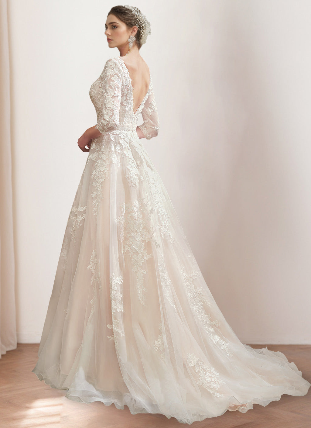 A Line/Princess V-Neck 3/4 Length Sleeves Floor-length Wedding Dress with Lace Embroidery BabaMila