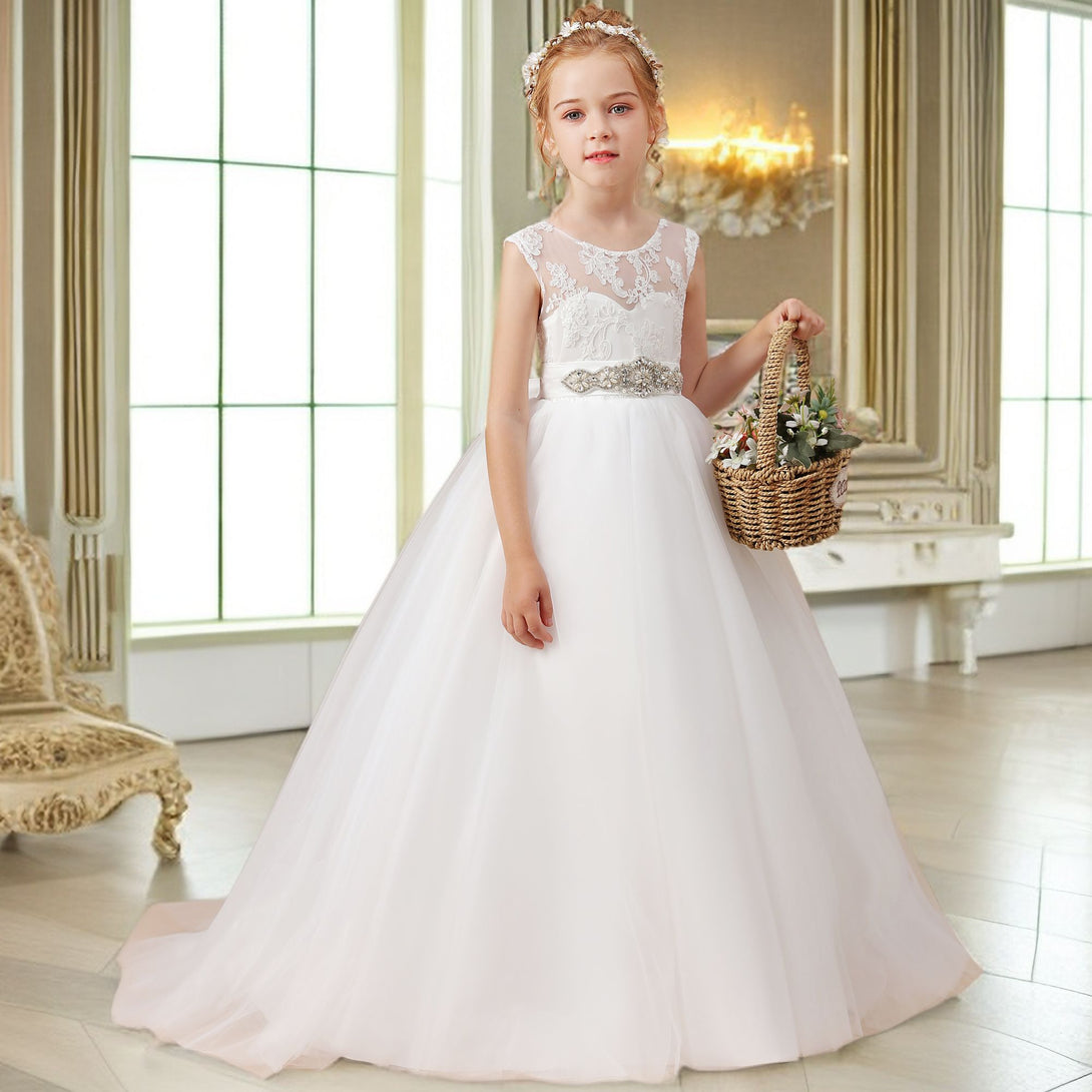 A-line Sleeveless Scoop Neck Floor-Length Ivory Court Train Lace/Satin/Tulle Flower Girl Dresses With Beads Belt Gidiondress