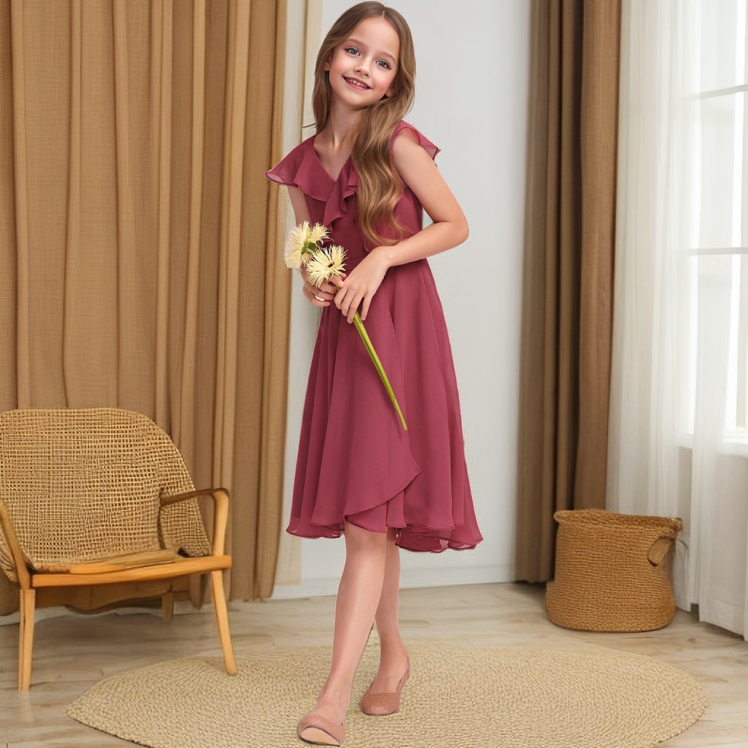 A-line V-Neck Asymmetrical Chiffon Junior Bridesmaid Dress Girls Gidiondress