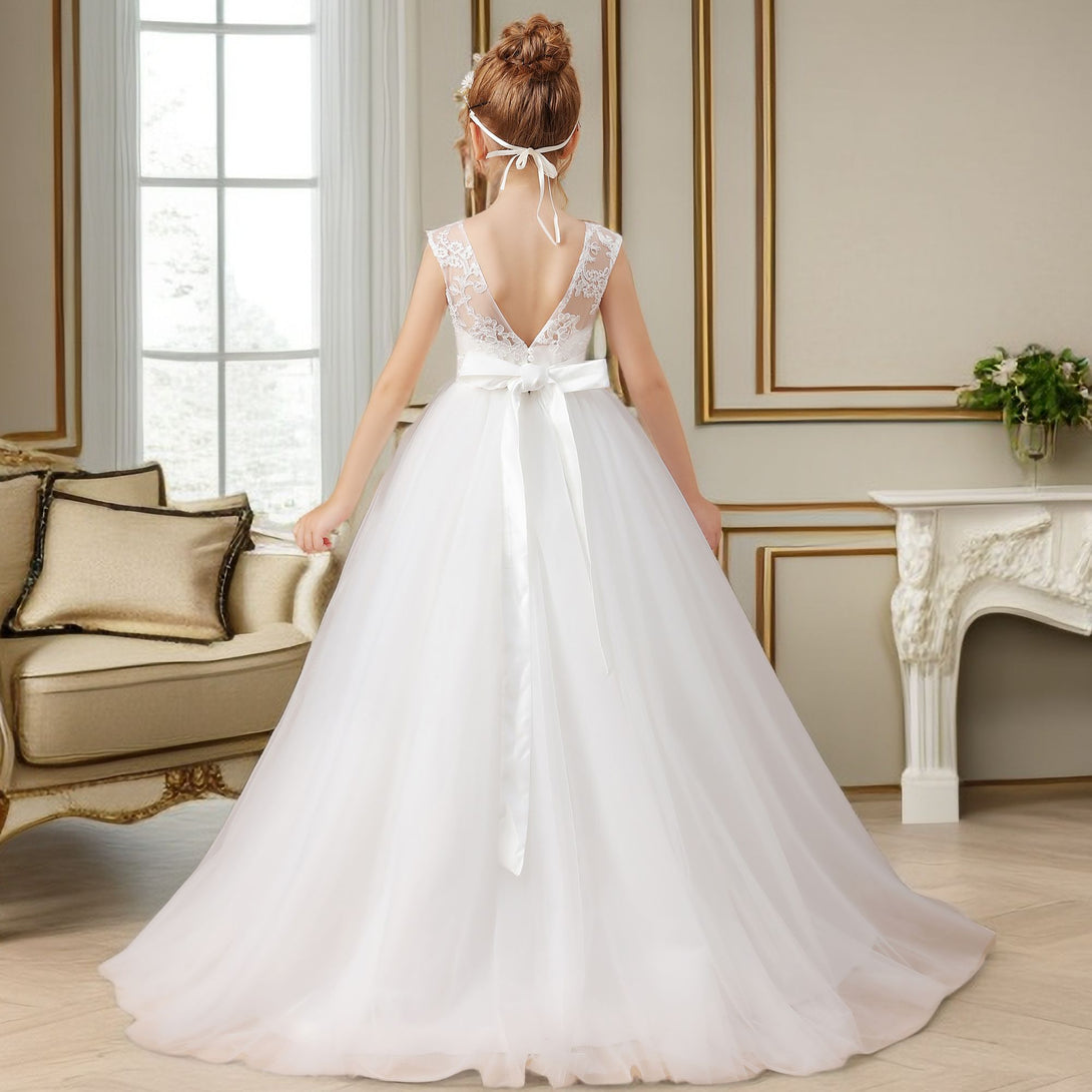 A-line Sleeveless Scoop Neck Floor-Length Ivory Court Train Lace/Satin/Tulle Flower Girl Dresses With Beads Belt Gidiondress