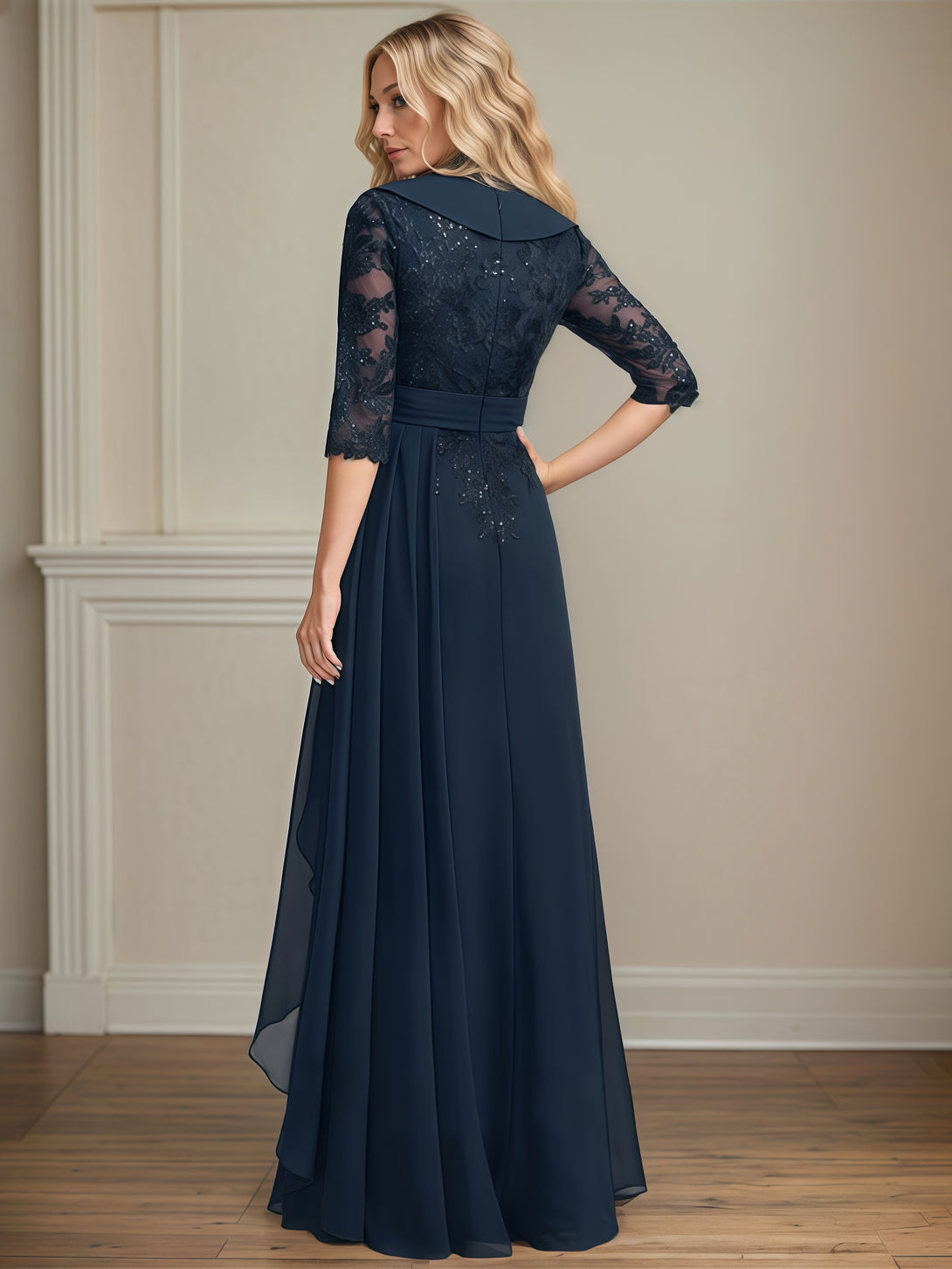 V-Neck A-Line Half Sleeve Floor-Length Chiffon/Lace Mother of the Bride Dress With Cascading Ruffles/Sequins/Appliques/Belt BabaMila