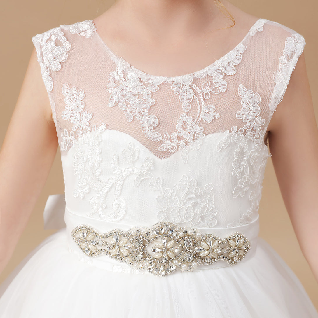 A-line Sleeveless Scoop Neck Floor-Length Ivory Court Train Lace/Satin/Tulle Flower Girl Dresses With Beads Belt Gidiondress