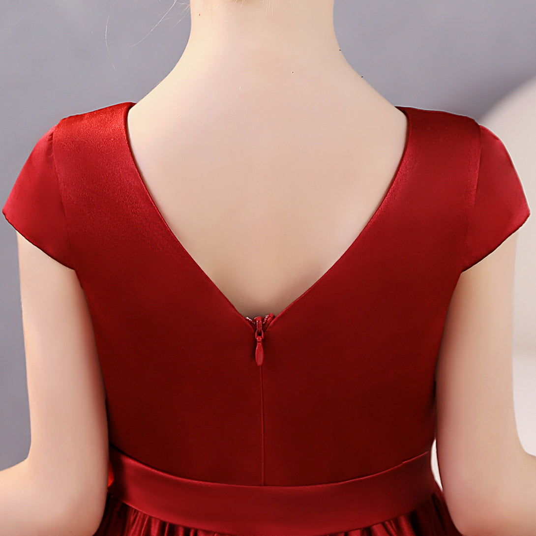 Girls Birthday Dresses Scoop Neck Short Sleeve Satin Floor-Length Party Dresses With Belt Gidiondress