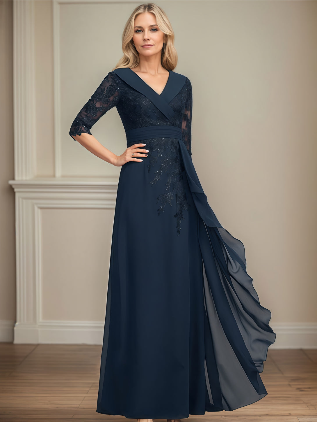 V-Neck A-Line Half Sleeve Floor-Length Chiffon/Lace Mother of the Bride Dress With Cascading Ruffles/Sequins/Appliques/Belt BabaMila