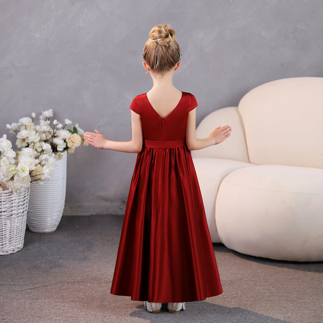 Girls Birthday Dresses Scoop Neck Short Sleeve Satin Floor-Length Party Dresses With Belt Gidiondress