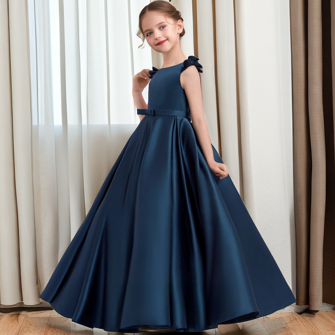 Ball Gown Boat Neck Flutter Straps Floor-Length Satin Flower Girl Dresses/Girls Birthday Dresses With Belt/Bow Girls Gidiondress