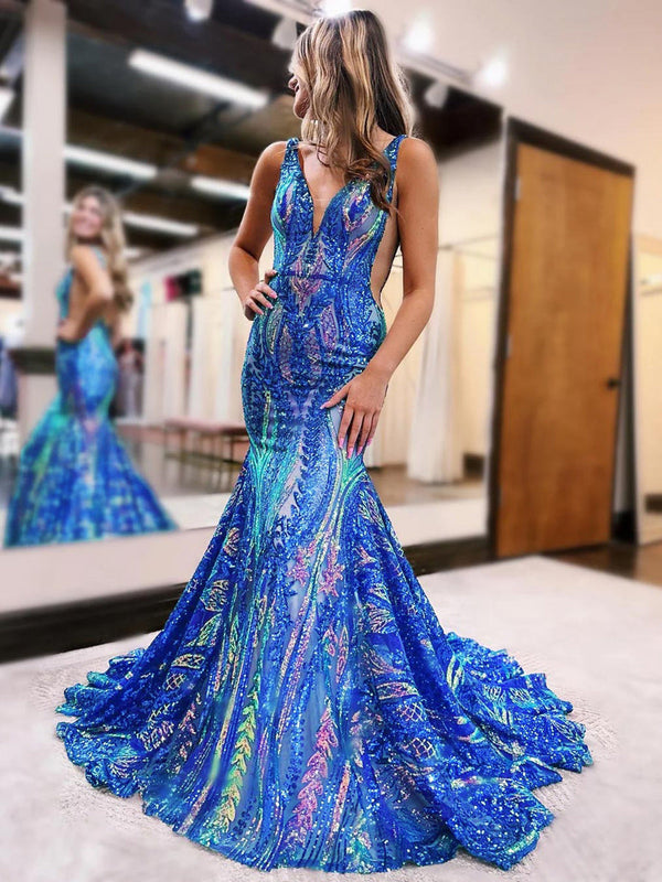 Trumpet/Mermaid V-Neck Sleeveless Royal Blue Floor-length Long Prom Dresses with Sequins/Ruffles BabaMila