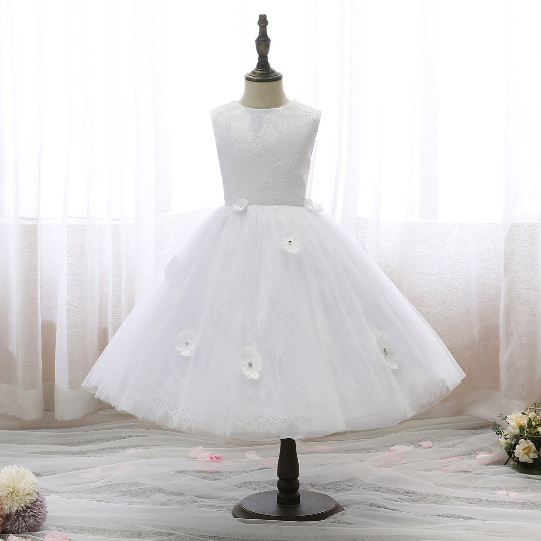 Boat Neck Sleeveless Knee-Length Lace/Satin/Tulle Flower Girl Dresses With 3D Flower Gidiondress