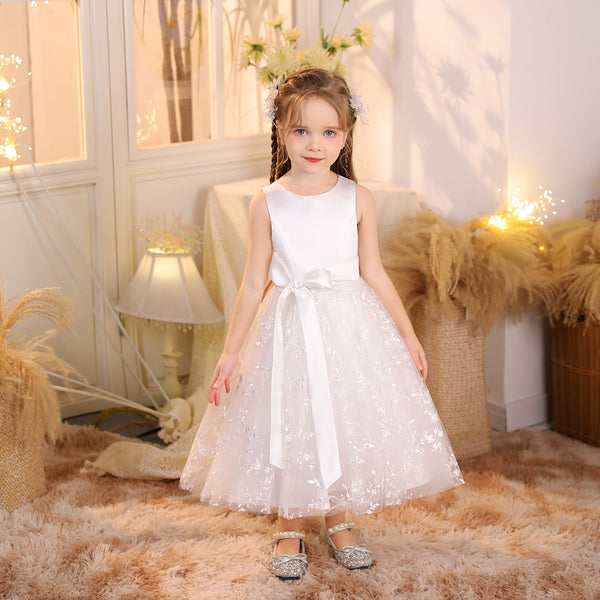 Ball Gown/Princess Scoop Neck Sleeveless Lace/Satin/Tulle Ivory Tea-Length Flower Girl Dresses/First Communion Dress With Belt Girls Gidiondress
