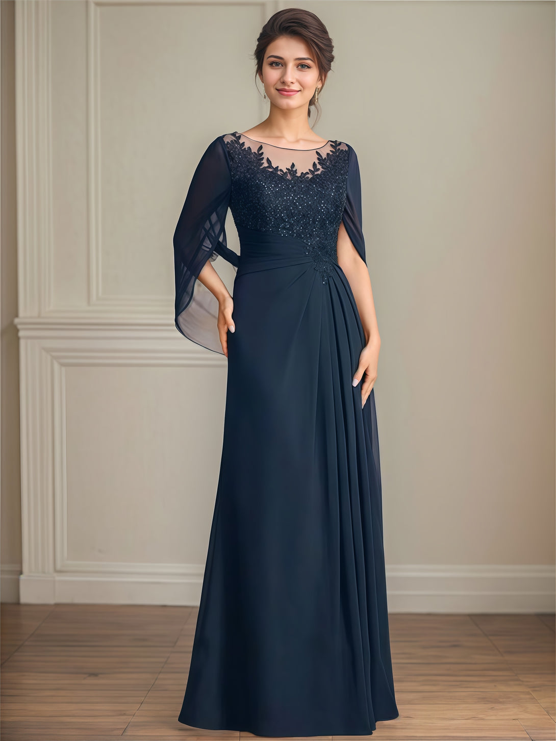 A-Line Scoop Neck Cape Floor-Length Chiffon/Lace/Sequins Mother of the Bride Dress With Pleated/Appliques BabaMila