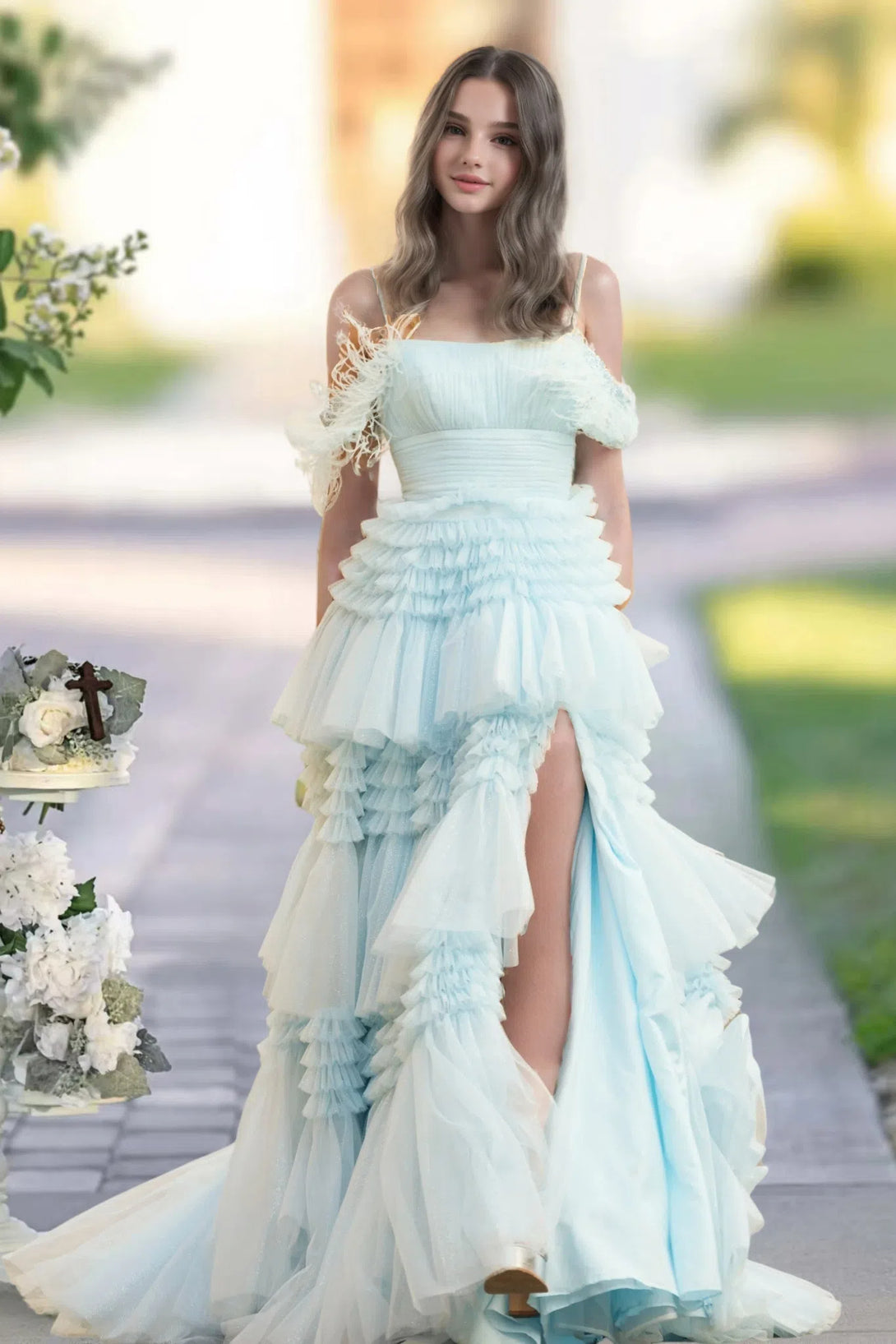 A-line Square Neckline Strapless Floor-Length Mist Blue Tulle Prom Dress with Ruffles Slit BabaMila
