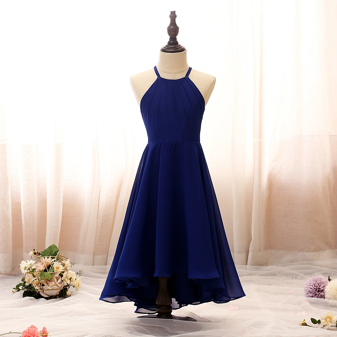 Halter Spaghetti Straps Tea-Length Chiffon Girls Birthday Dresses With Pleated Gidiondress