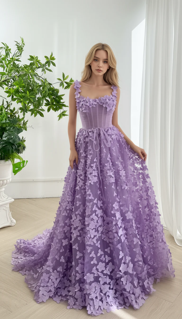 Embroidered Prom Dress Lavender 3D Floral Corset Gown with Lace-Up Back Evening Party dress BabaMila