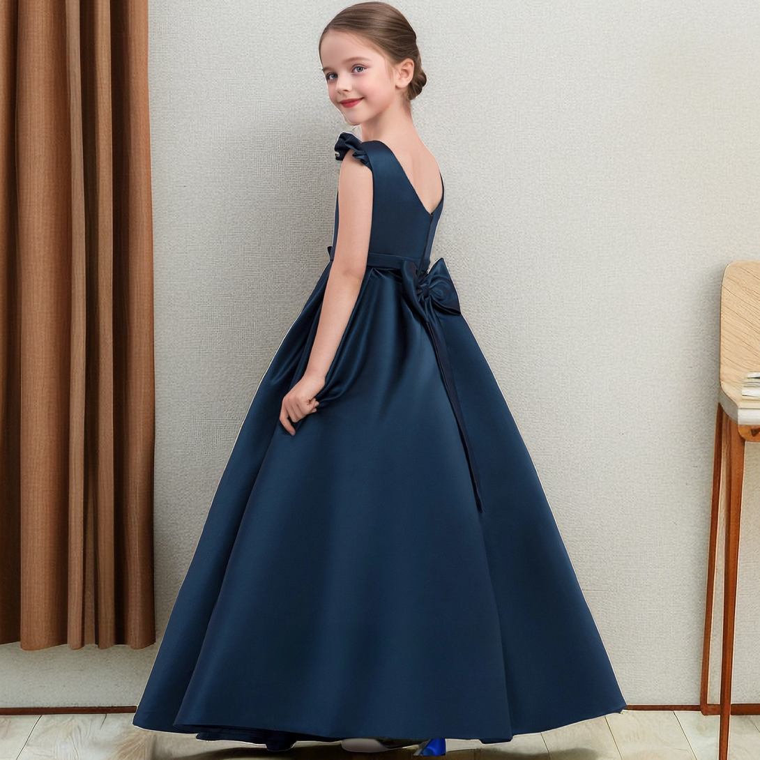 Ball Gown Boat Neck Flutter Straps Floor-Length Satin Flower Girl Dresses/Girls Birthday Dresses With Belt/Bow Girls Gidiondress