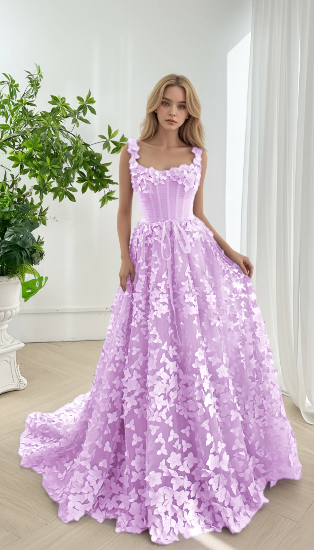Embroidered Prom Dress Lavender 3D Floral Corset Gown with Lace-Up Back Evening Party dress BabaMila