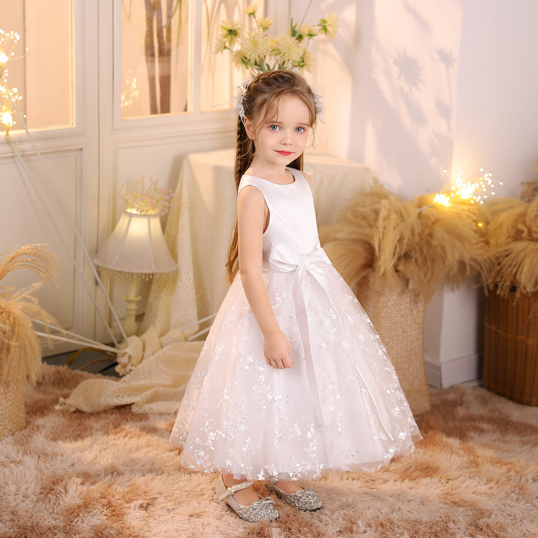 Ball Gown/Princess Scoop Neck Sleeveless Lace/Satin/Tulle Ivory Tea-Length Flower Girl Dresses/First Communion Dress With Belt Girls Gidiondress