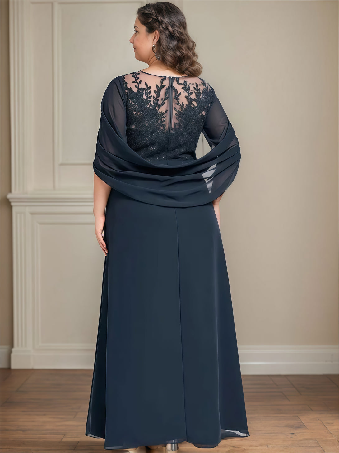 A-Line Scoop Neck Cape Floor-Length Chiffon/Lace/Sequins Mother of the Bride Dress With Pleated/Appliques BabaMila
