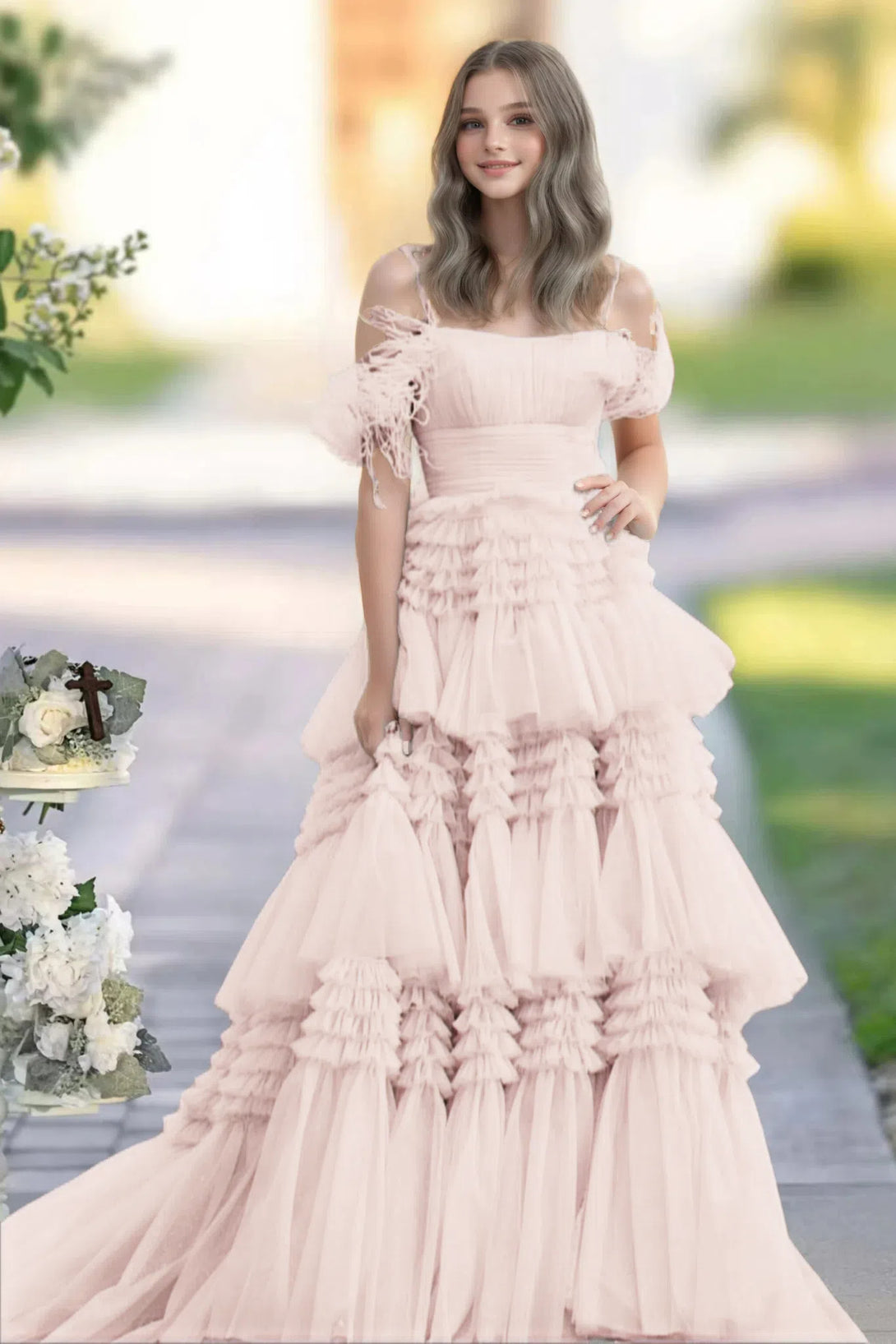 A-line Square Neckline Strapless Floor-Length Mist Blue Tulle Prom Dress with Ruffles Slit BabaMila